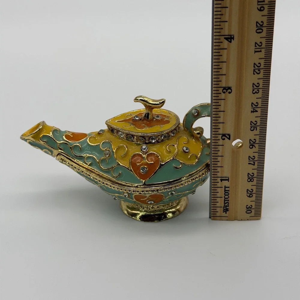 QIFU Aladdin Lamp Colorful Enamel Bejeweled Hinged Trinket Box Magnetic Close